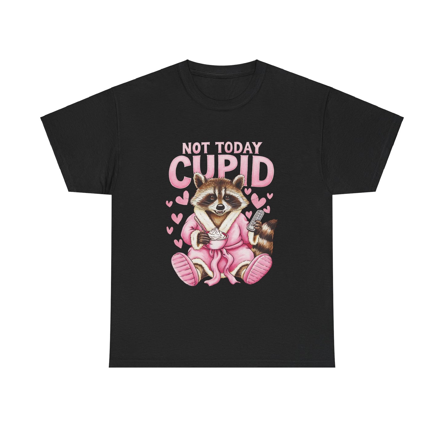 Copy of Funny Raccoon Robe Remote Coffee Unisex Tee, Not Today Cupid Valentine's Day T-Shirt, Gift for Animal Lovers, Relaxation Cotton Shirt, Lazy